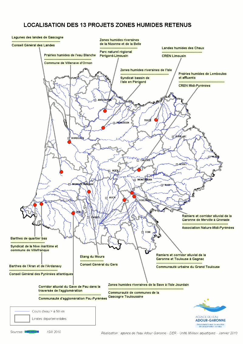 Localisation des 13 projets zones humides retenus par l'Agence de l'Eau Adour Garonne